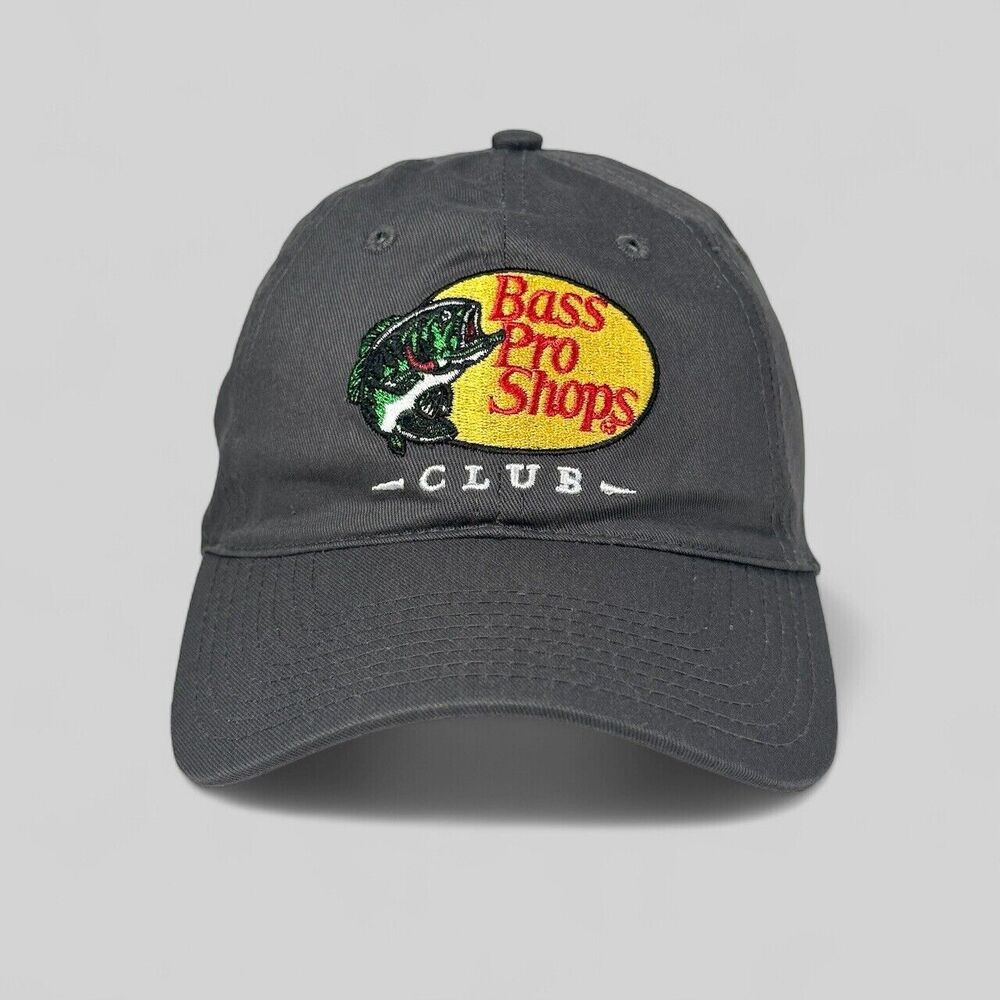 Bass Pro Shops Club Hat Gray Twill Baseball Cap Embroidered Fish Logo Strap Back